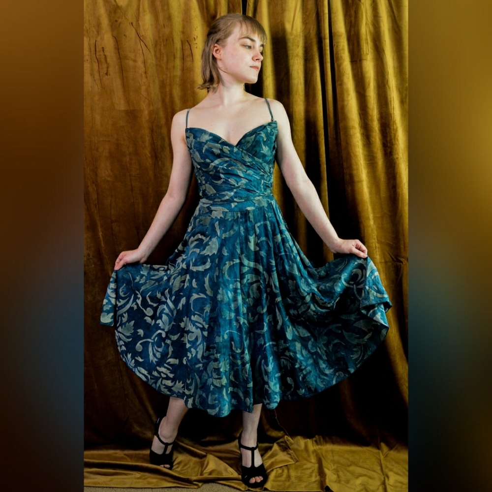 Blue Cotton A-Line Dress with Velvet Flourishes